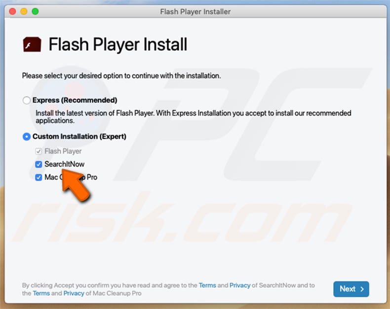 Fake Adobe Flash Player installer promoting SearchItNow browser hijacker