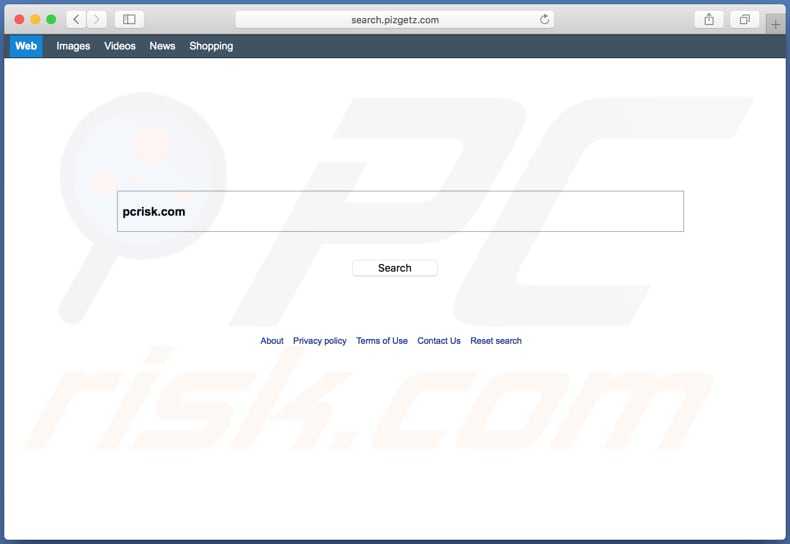search.pizgetz.com browser hijacker on a Mac computer