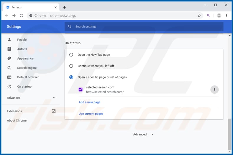 Removing selected-search.com from Google Chrome homepage