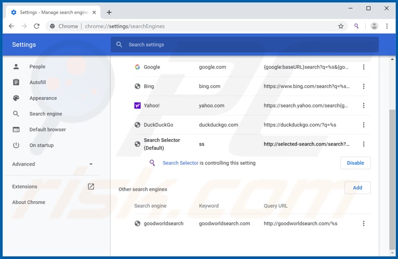 Removing selected-search.com from Google Chrome default search engine