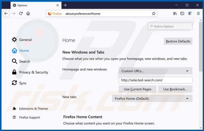 Removing selected-search.com from Mozilla Firefox homepage