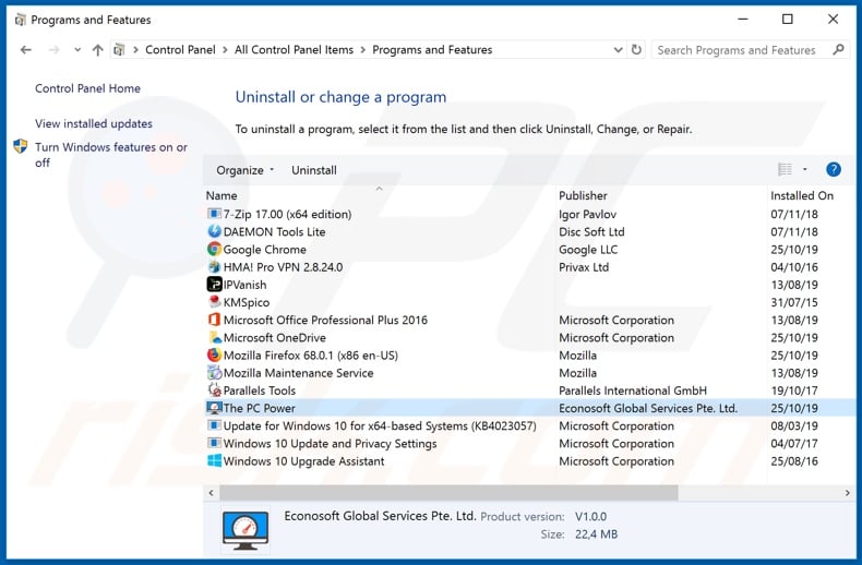 The PC Power adware uninstall via Control Panel