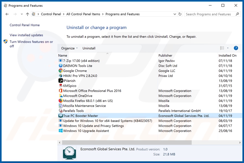 True PC Booster Master adware uninstall via Control Panel