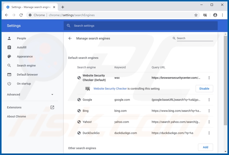 Removing browsersecuritycenter.com from Google Chrome default search engine