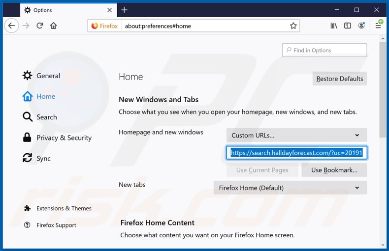 Removing search.halldayforecast.com from Mozilla Firefox homepage