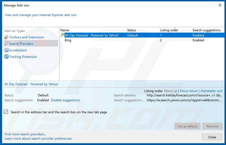 Removing search.halldayforecast.com from Internet Explorer default search engine