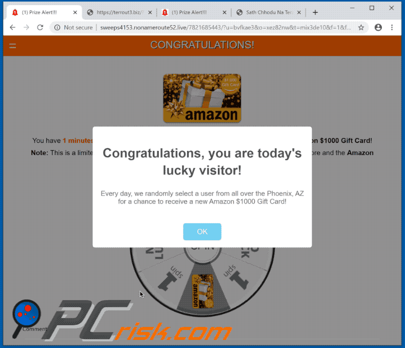 Amazon Gift Card pop-up scam appearance (GIF)
