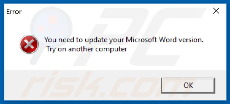 Anchor_DNS malware error window saying that MS Word needs to be updated