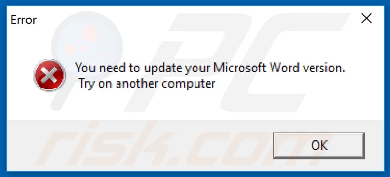 Anchor_DNS malware error window saying that MS Word needs to be updated