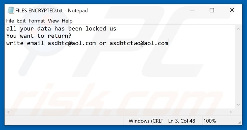 Asd ransomware text file (FILES ENCRYPTED.txt)
