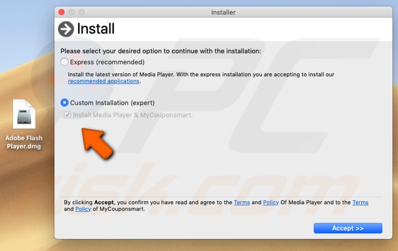 fake Adobe Flash Player updater installs MyCouponsmart and Media Player unwanted apps