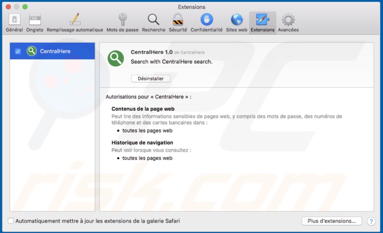 CentralHere adware installed on safari