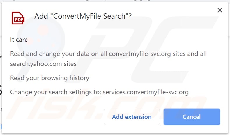 ConvertMyFile Search browser hijacker asking for permissions (Chrome)