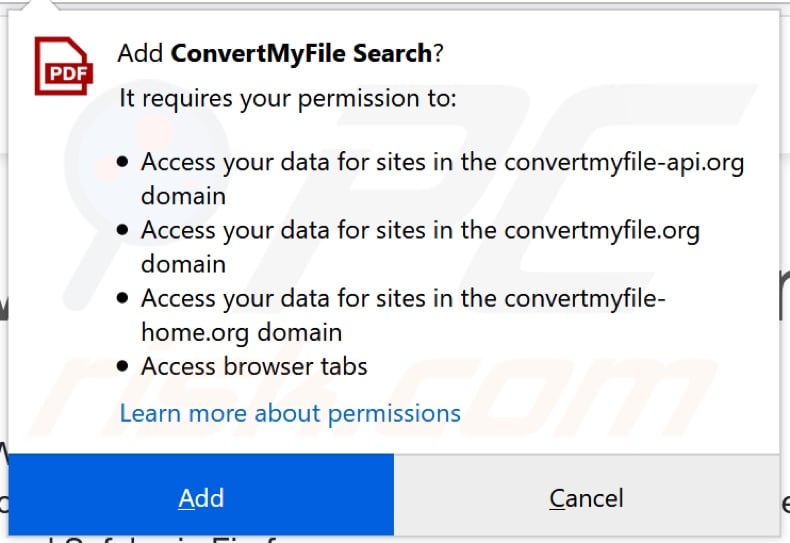 ConvertMyFile Search browser hijacker asking for permissions (Firefox)