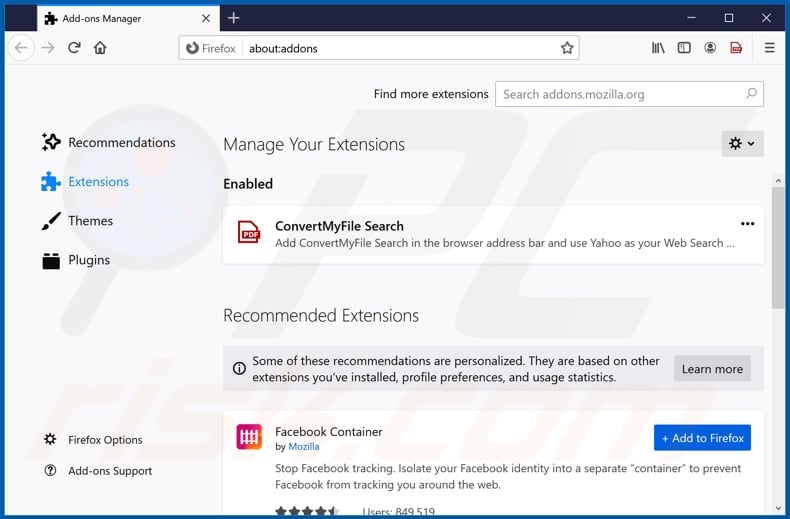 Removing services.convertmyfile-svc.org related Mozilla Firefox extensions