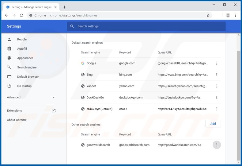 Removing cr447.xyz from Google Chrome default search engine