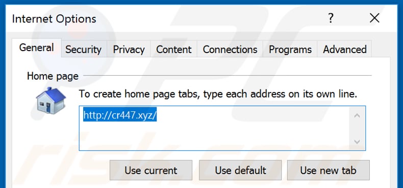 Removing cr447.xyz from Internet Explorer homepage