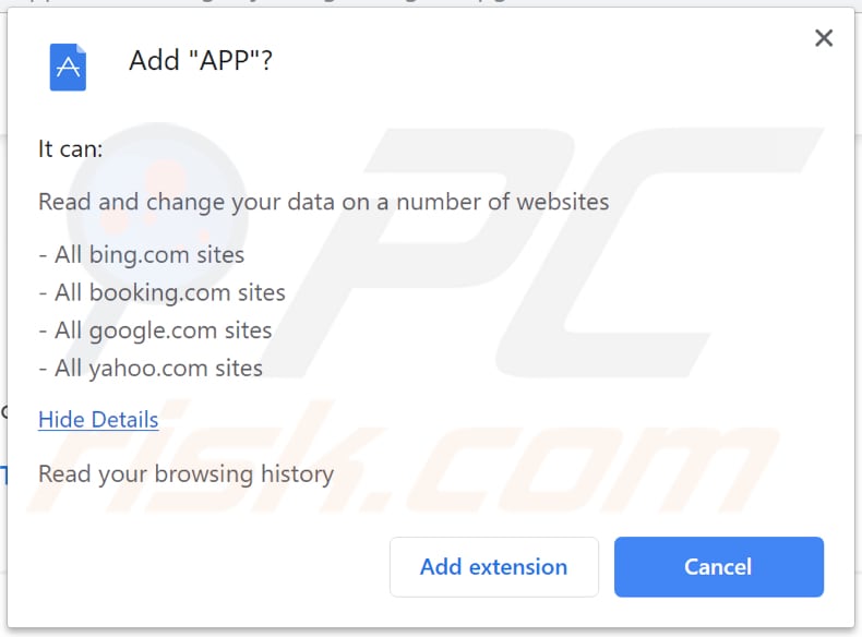 APP browser hijacker asks for a permission to read and change various data 