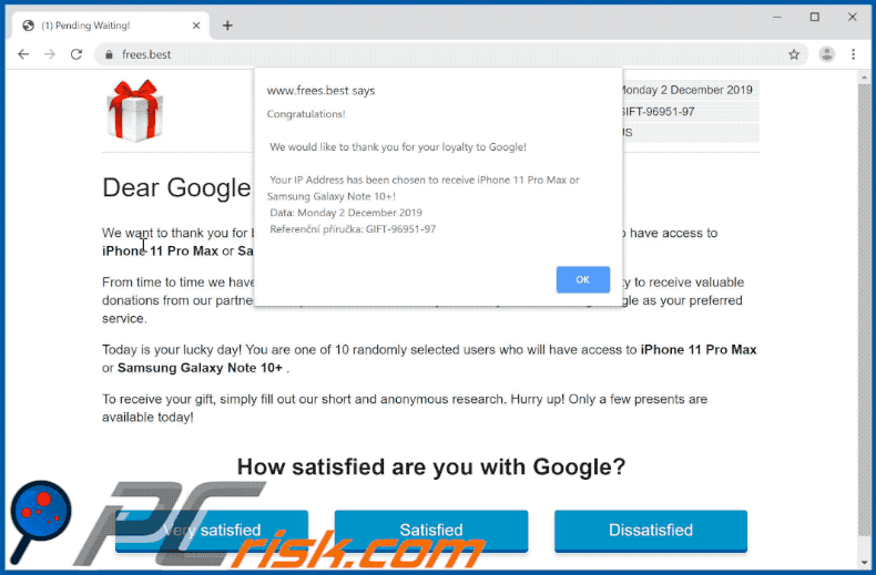 Dear Google User, Congratulations! pop-up scam (GIF)