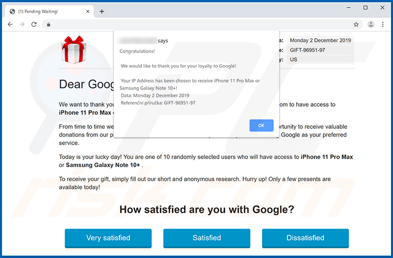 Dear Google User, Congratulations! pop-up scam