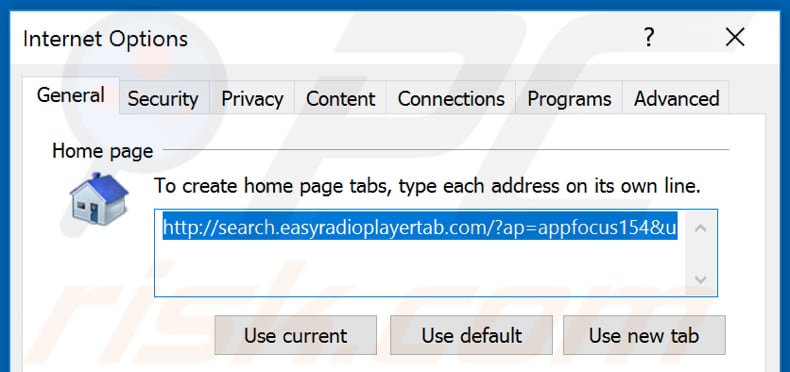 Removing search.easyradioplayertab.com from Internet Explorer homepage