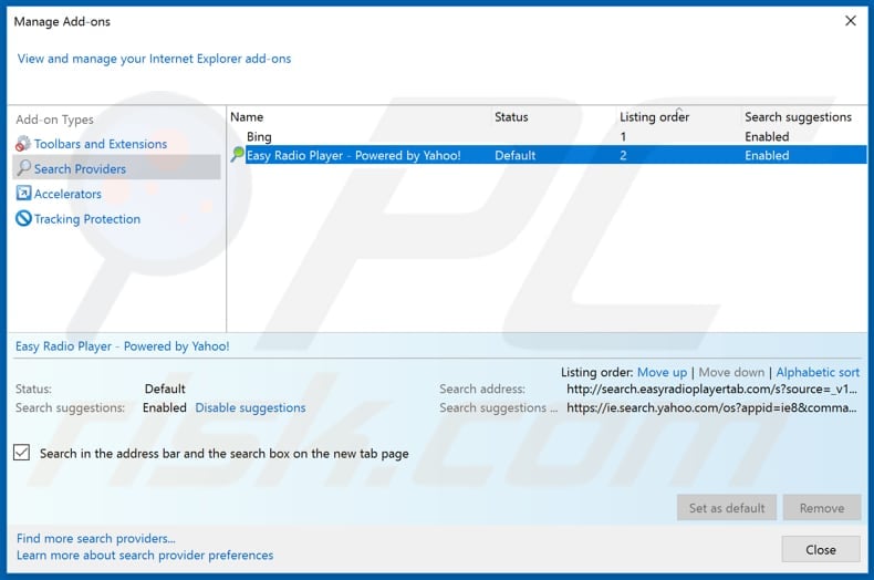 Removing search.easyradioplayertab.com from Internet Explorer default search engine