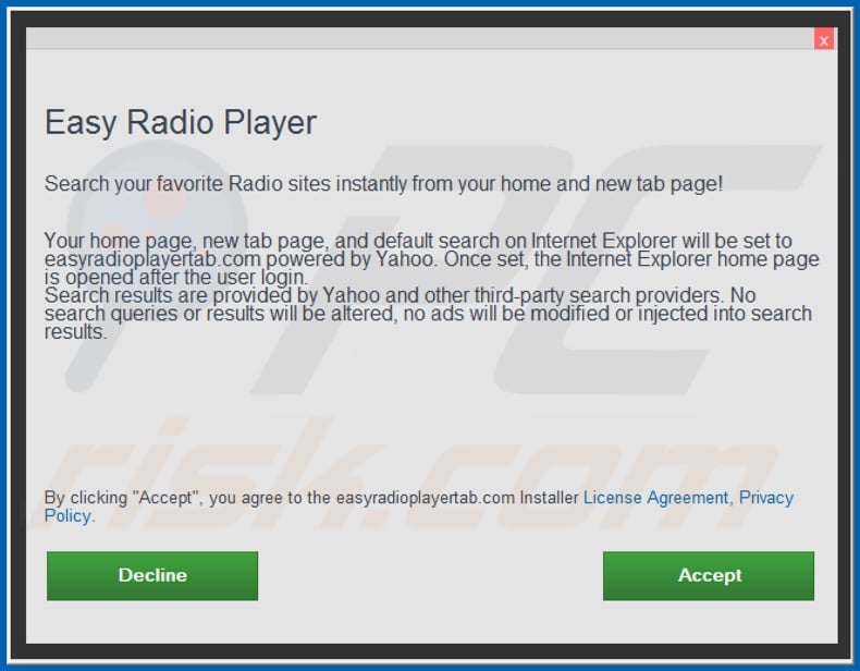 Official Easy Radio Player browser hijacker installation setup