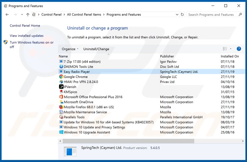 search.easyradioplayertab.com browser hijacker uninstall via Control Panel