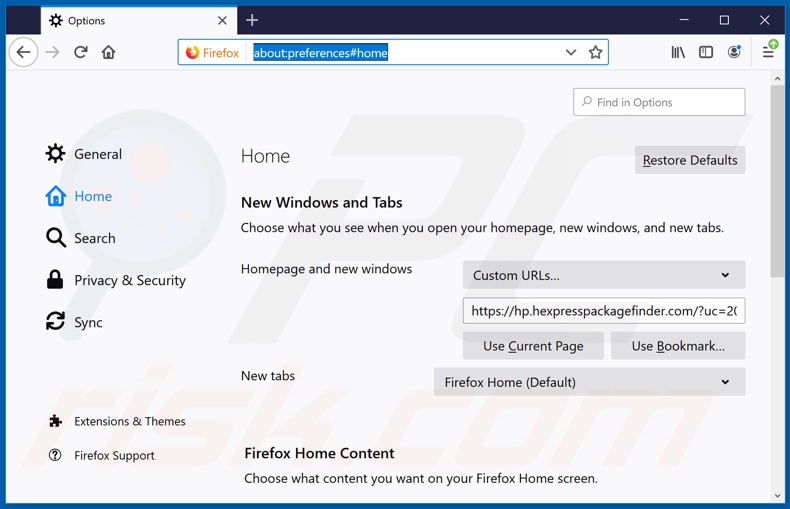 Removing hp.hexpresspackagefinder.com from Mozilla Firefox homepage