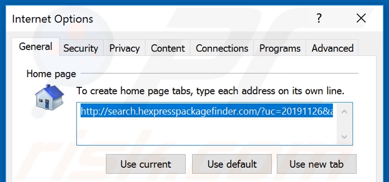 Removing hp.hexpresspackagefinder.com from Internet Explorer homepage