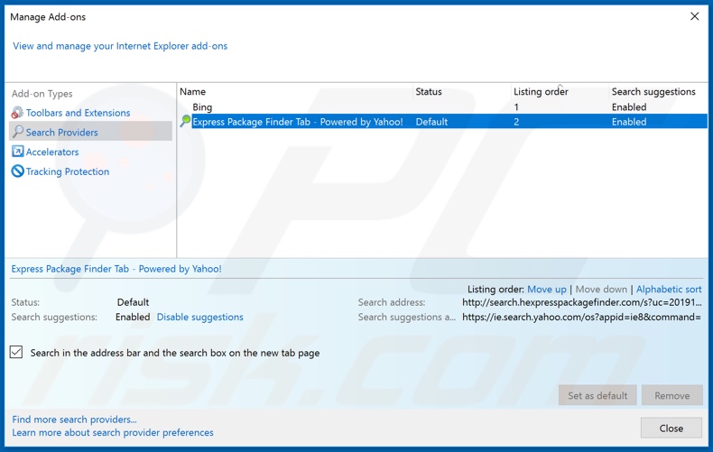 Removing hp.hexpresspackagefinder.com from Internet Explorer default search engine