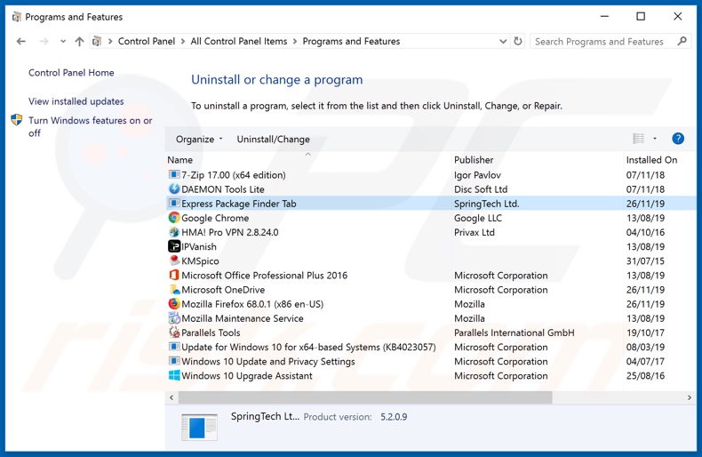 hp.hexpresspackagefinder.com browser hijacker uninstall via Control Panel