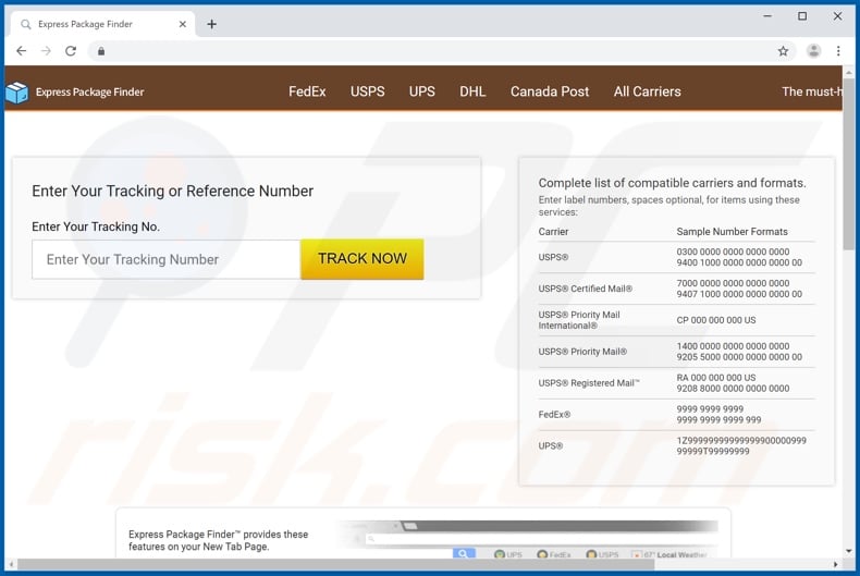 Website used to promote Express Package Finder Tab browser hijacker