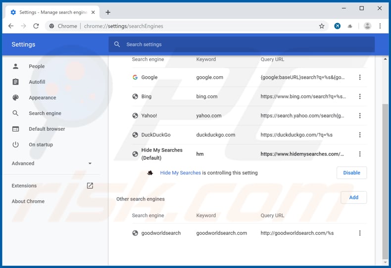 Removing search.fastflighttrackertab.com from Google Chrome default search engine