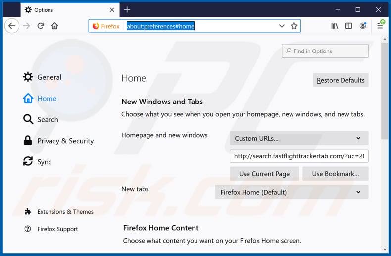 Removing search.fastflighttrackertab.com from Mozilla Firefox homepage