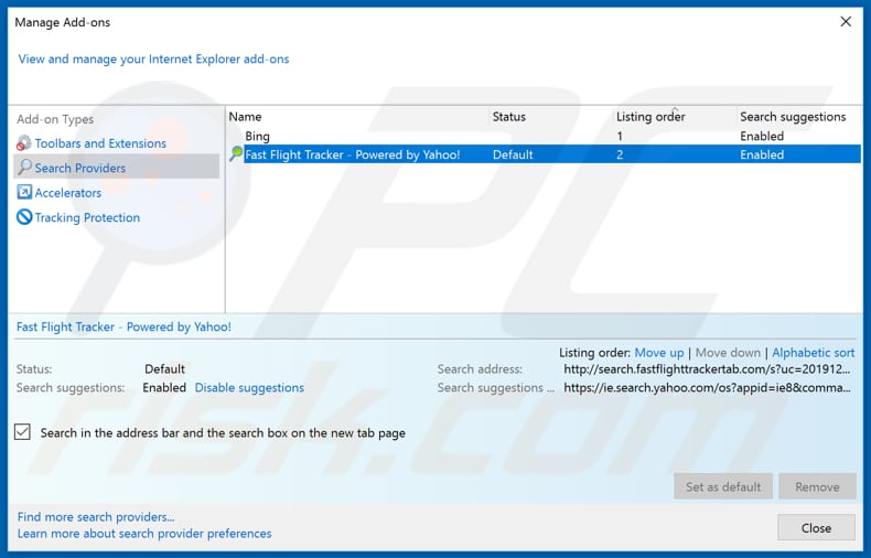 Removing search.fastflighttrackertab.com from Internet Explorer default search engine