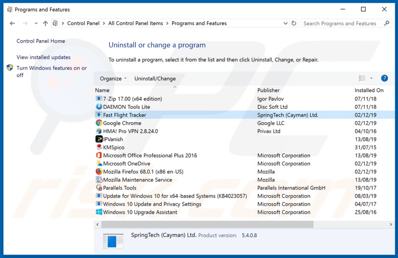 search.fastflighttrackertab.com browser hijacker uninstall via Control Panel