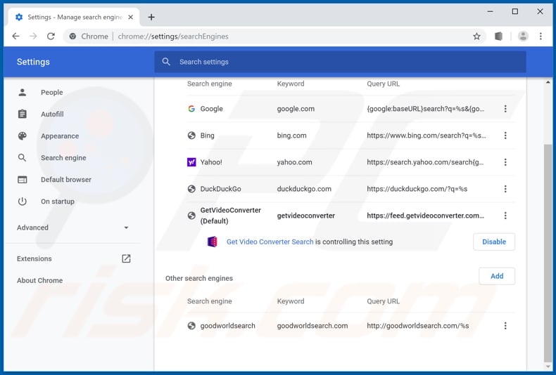 Removing feed.getvideoconverter.com from Google Chrome default search engine