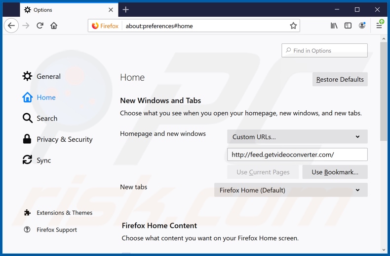 Removing feed.getvideoconverter.com from Mozilla Firefox homepage