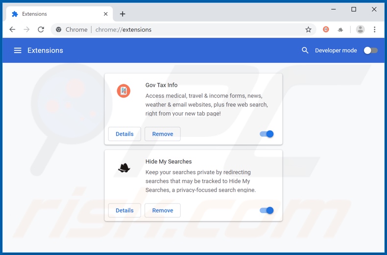 Removing search.govtaxinfotab.com related Google Chrome extensions