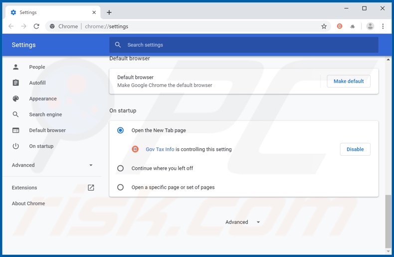 Removing search.govtaxinfotab.com from Google Chrome homepage