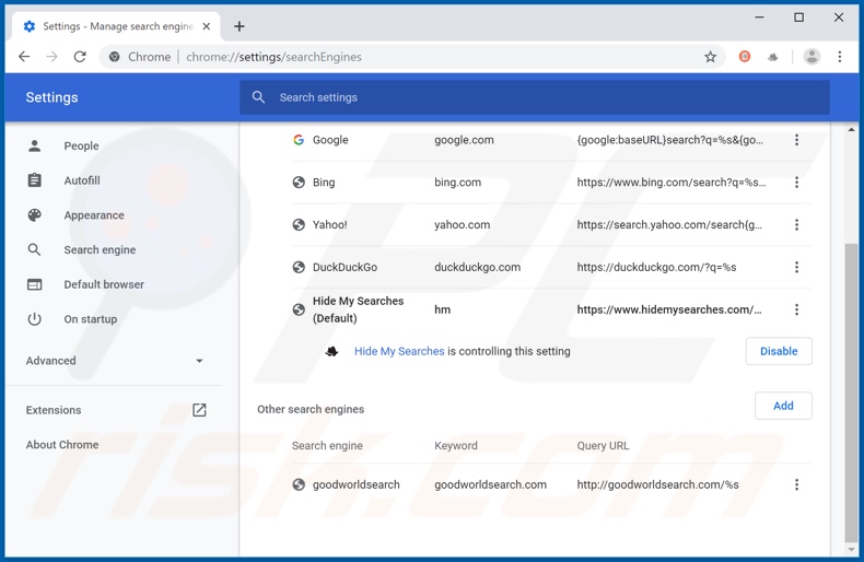 Removing search.govtaxinfotab.com from Google Chrome default search engine