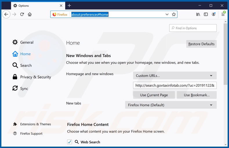 Removing search.govtaxinfotab.com from Mozilla Firefox homepage