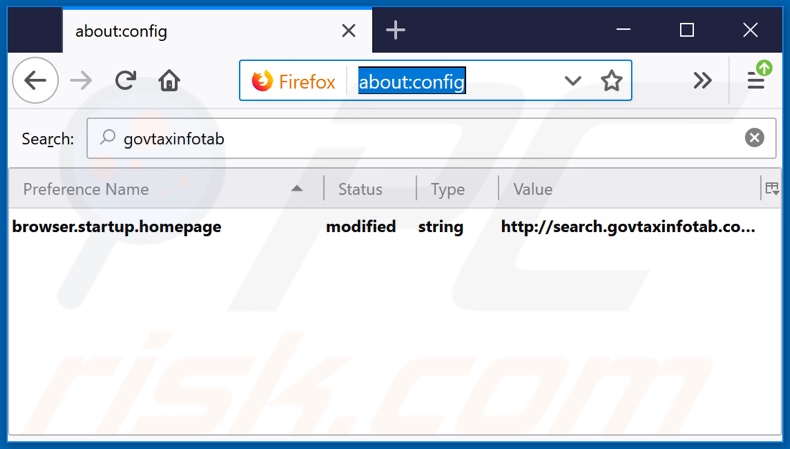 Removing search.govtaxinfotab.com from Mozilla Firefox default search engine