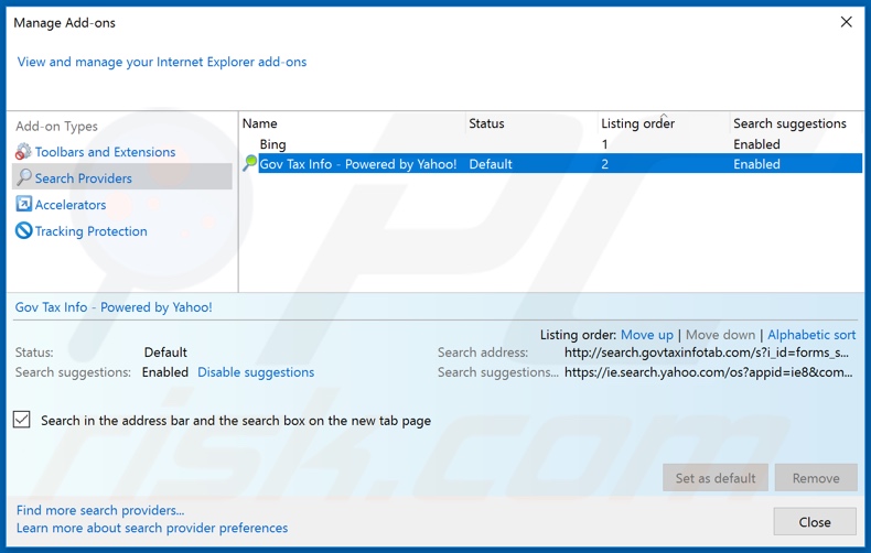 Removing search.govtaxinfotab.com from Internet Explorer default search engine