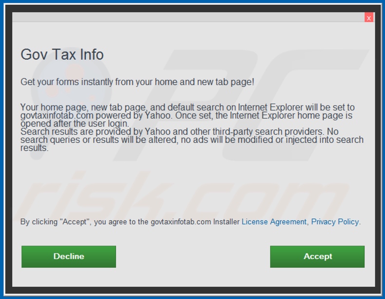 Official Gov Tax Info browser hijacker installation setup