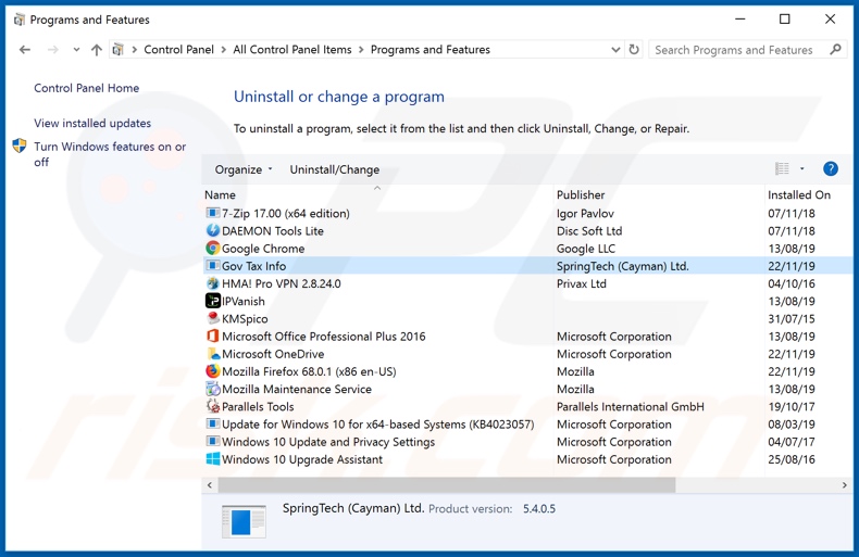 search.govtaxinfotab.com browser hijacker uninstall via Control Panel