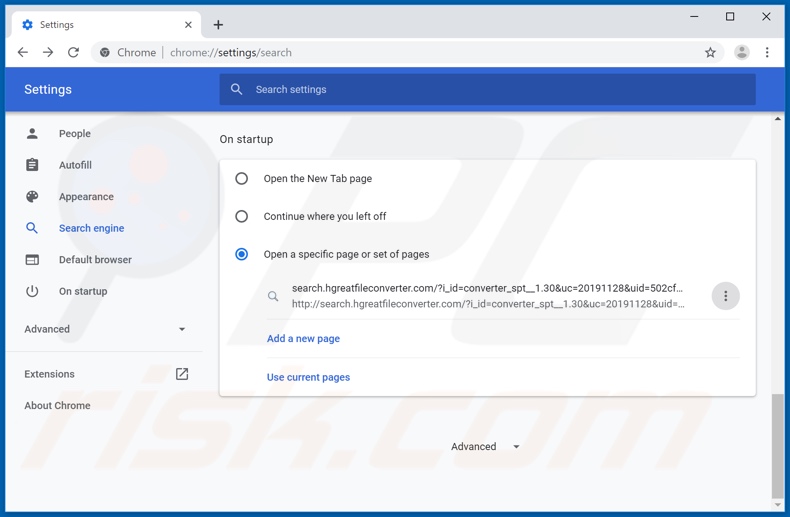 Removing search.hgreatfileconverter.com from Google Chrome homepage