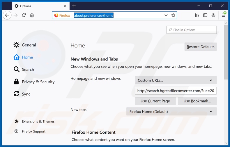 Removing search.hgreatfileconverter.com from Mozilla Firefox homepage
