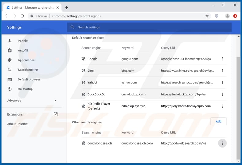 Removing search.hhdradioplayerpro.com from Google Chrome default search engine